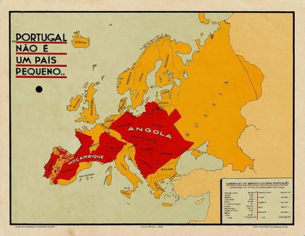 Plakat einer Europa-Karte mit den Provinzen von Angola in rot hervorgehoben und Text 'Portugal, Angola und Portugal'.