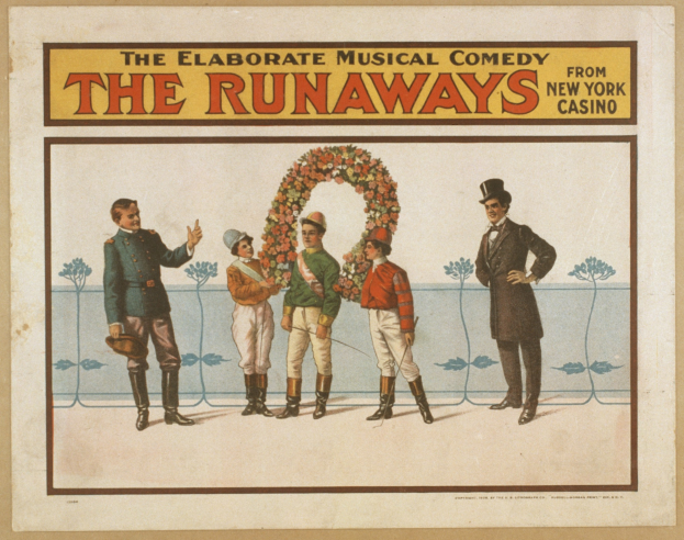 Plakat für die Musical-Comedy "Runaways" aus dem New Yorker Casino, das eine Gruppe von Menschen in einer Reihe zeigt, wobei einer einen Blumenstrauß hält und Text, der die Show beschreibt.