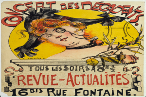 Ein Plakat, das ein Konzert der Decadents ankündigt und eine Frau mit einem menschlichen Gesicht sowie Text über das Ereignis zeigt.