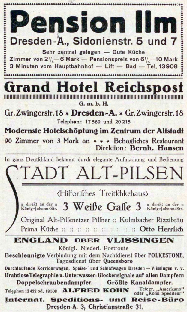 Schwarze und weiße Zeitungsanzeige für die Pensionsinn in Dresden, Deutschland.