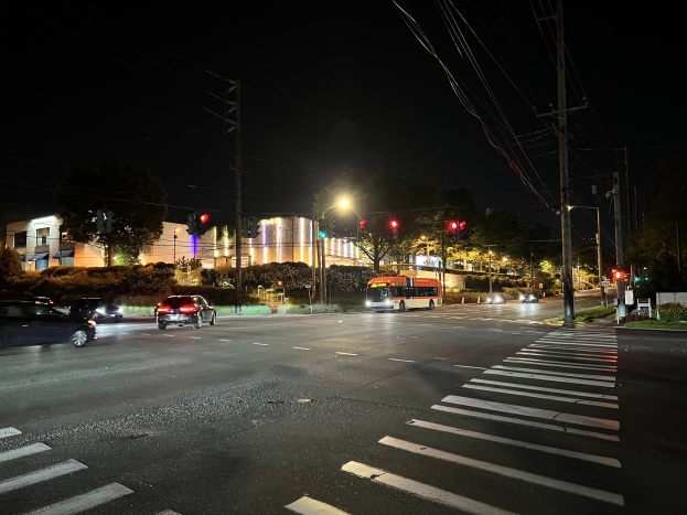 Eine nächtliche Stadtstraße mit fahrenden Autos, einem Bus, Straßenlaternen, Ampeln, Strommasten mit Drähten, Bäumen, Pflanzen, Gras und Gebäuden im Hintergrund unter einem dunklen Himmel.