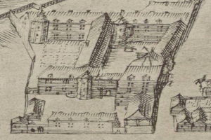 Eine Zeichnung einer Stadt mit zahlreichen Gebäuden, bei der ein Haus in der Mitte dargestellt ist, begleitet von handgeschriebener Schrift.