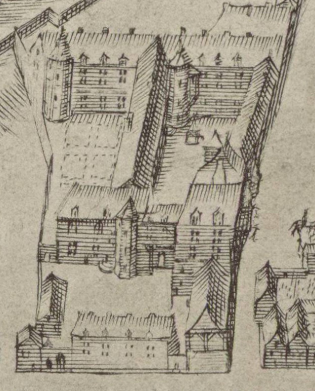 Eine Zeichnung einer Stadt mit zahlreichen Gebäuden, bei der ein Haus in der Mitte dargestellt ist, begleitet von handgeschriebener Schrift.