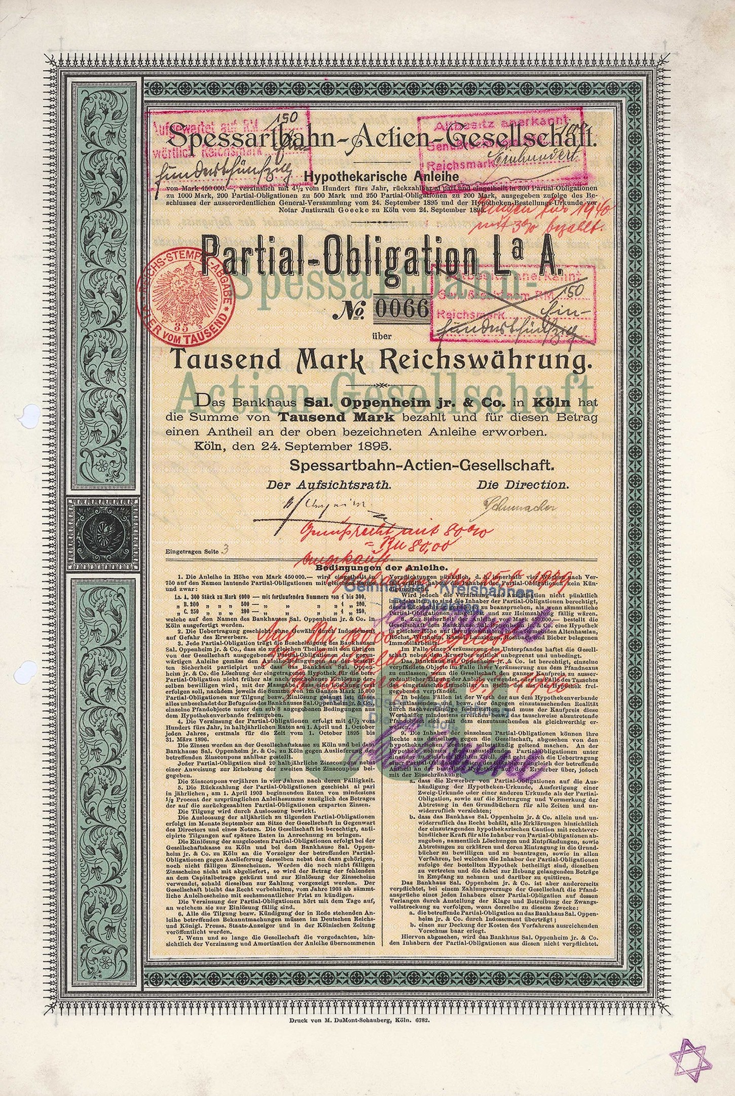 Altes deutsches Regierungsanleihezertifikat mit gedrucktem Text und einem offiziellen Stempel.