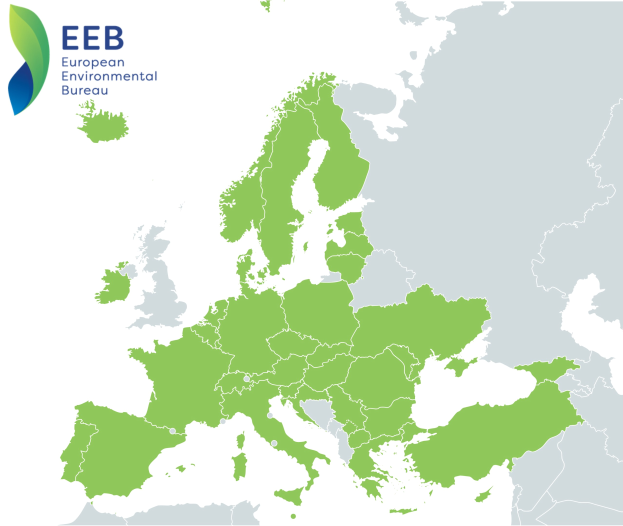 Eine Europa-Karte mit dem Logo des Europäischen Umweltbundes in der linken oberen Ecke, die in verschiedenen Grüntönen schattiert ist, um EU-Regionen anzuzeigen.