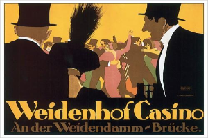 Ein Plakat, das das Weidenhof Casino in Brücke, Deutschland, bewirbt, zeigt eine lebendige Illustration von tanzenden und vergnügten Menschen, mit den Worten "Weidenhof" in fetter Schrift darüber, eingerahmt von einem schwarzen Rand.