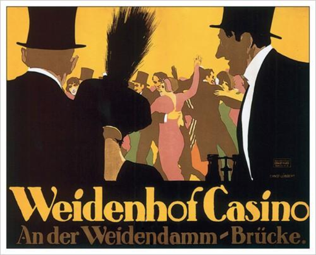 Ein Plakat, das das Weidenhof Casino in Brücke, Deutschland, bewirbt, zeigt eine lebendige Illustration von tanzenden und vergnügten Menschen, mit den Worten "Weidenhof" in fetter Schrift darüber, eingerahmt von einem schwarzen Rand.