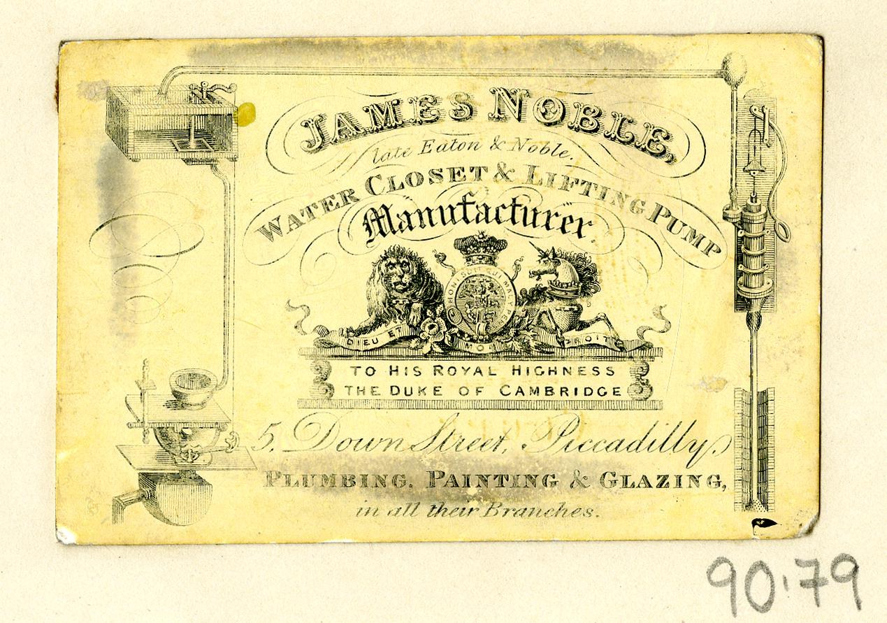 Alte Visitenkarte für James Noble, Wasserclosett- und Hebepumpenhersteller, mit Text zur Produktbeschreibung und -merkmale.