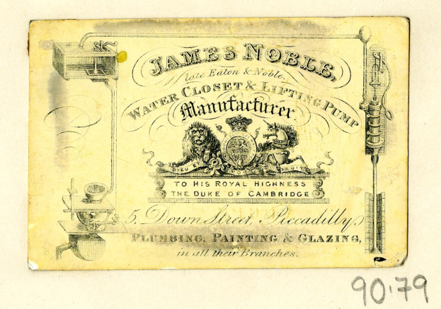 Alte Visitenkarte für James Noble, Wasserclosett- und Hebepumpenhersteller, mit Text zur Produktbeschreibung und -merkmale.