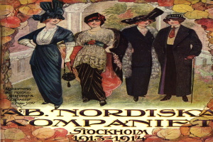 Ein Plakat aus dem Jahr 1913-1914 für die Ab Nordiska Company in Stockholm, das vier Frauen in einer Reihe zeigt, jede mit einem Kleid und Hut in einer anderen Farbe, sowie beschreibenden Text.