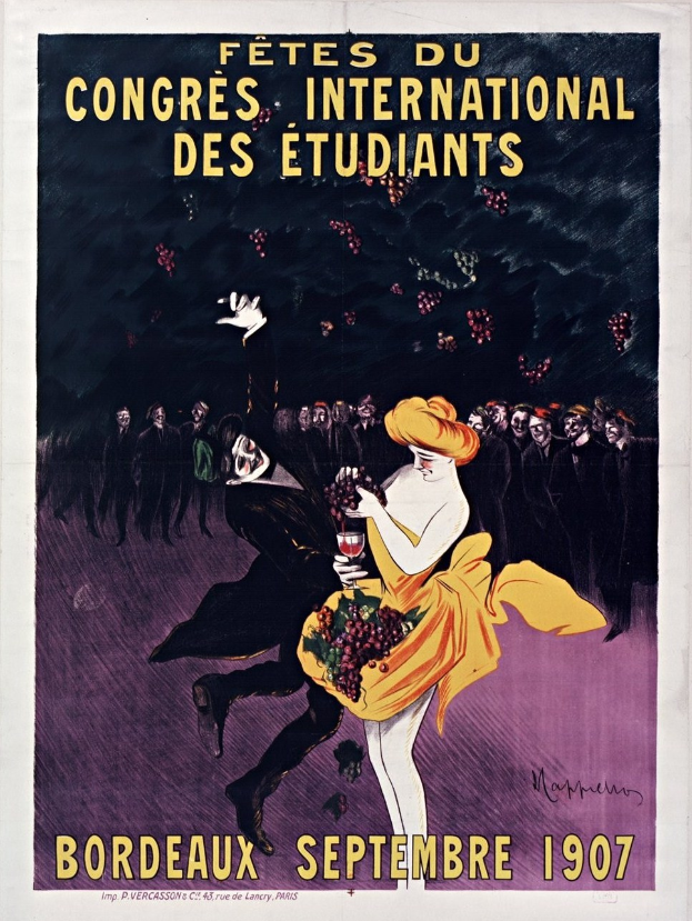 Plakat für eine Weinprobe in Bordeaux im Jahr 1907 mit einer Frau in einem gelben Kleid, die ein Weinglas hält, umgeben von einer Menge, mit Werbetext.