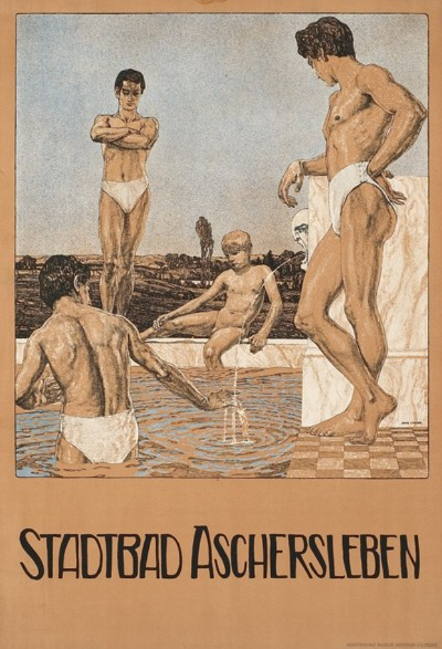 Plakat, das ein Schwimmbad in Aschersleben, Deutschland ankündigt und Menschen im Wasser zeigt sowie Text über die Einrichtungen des Bades.
