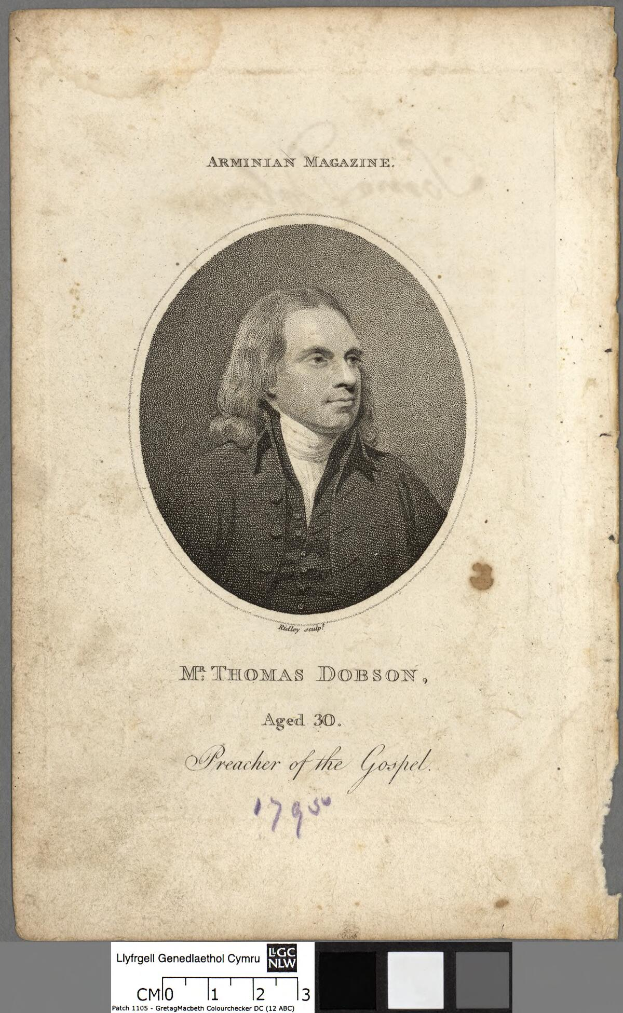 Porträt von Herrn Thomas Dobson, einem Prediger, mit ernstem Gesichtsausdruck, dunklem Haar und einem weißen Hemd und schwarzer Weste, mit gefalteten Händen.