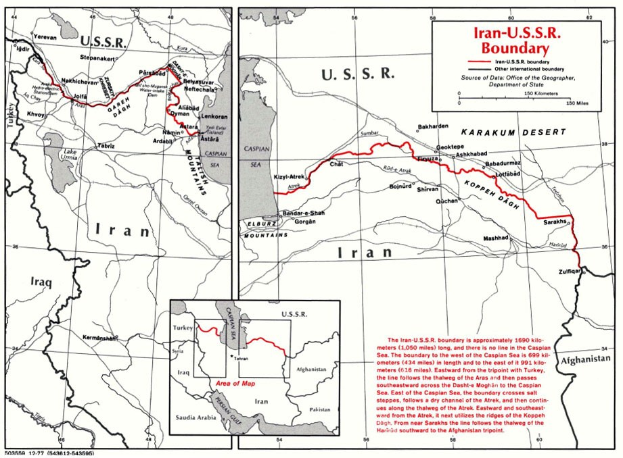Detailierte Kartenvorlage der iranisch-sowjetischen Grenze, die geografische Merkmale, Landesgrenzen und textuelle Informationen über die Region zeigt.