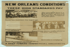 Ein Plakat mit Text und Bildern von Menschen, einer auf einem Fahrrad sitzend, mit dem Text "New Orleans Bedingungen: Diese hohen Standards zahlen sich aus."