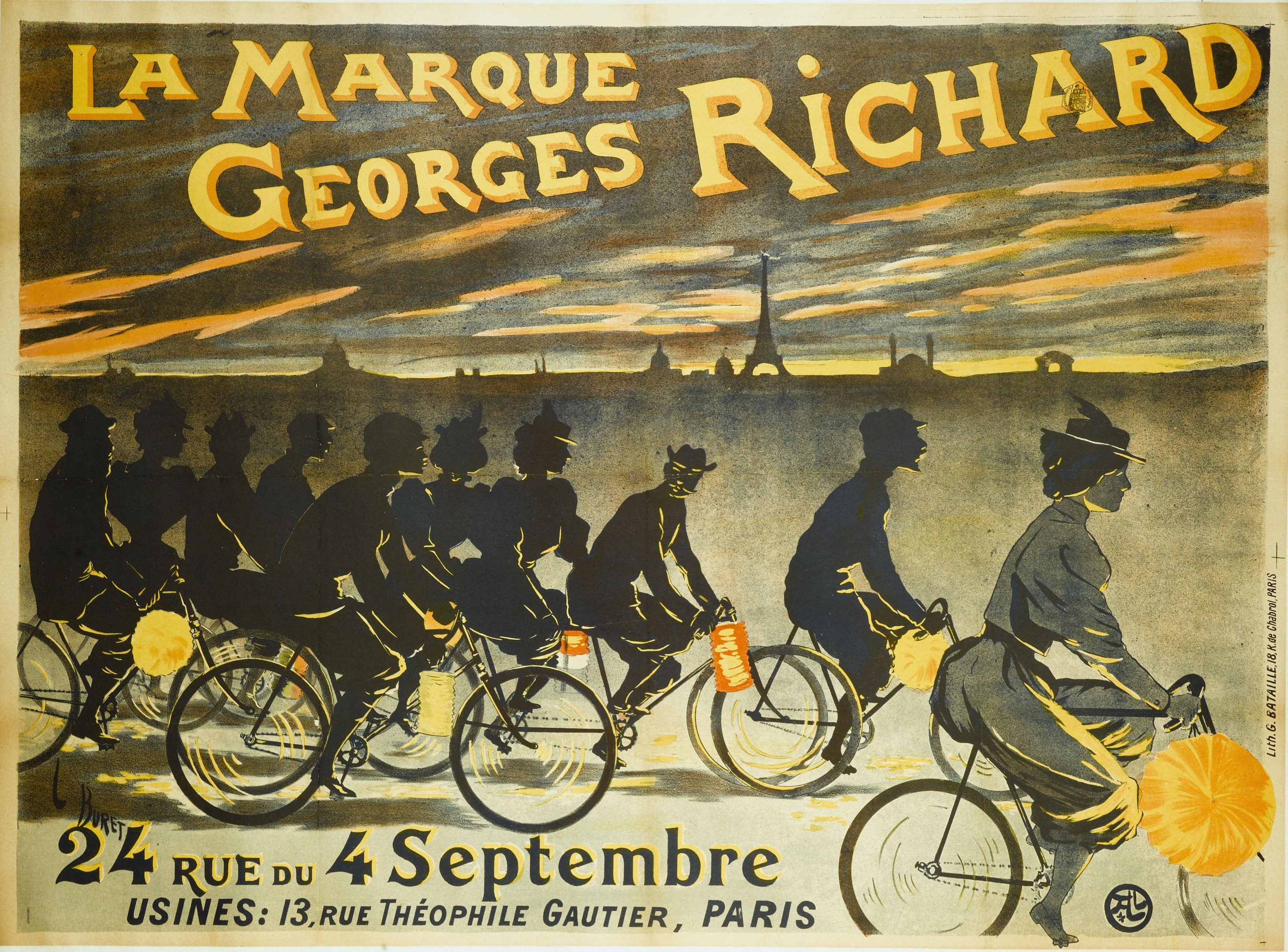 Plakat, das ein Fahrradrennen in Paris, Frankreich, bewirbt, mit einer Gruppe von Radfahrern und dem Eiffelturm im Hintergrund, mit Ereignisdetails im Text.