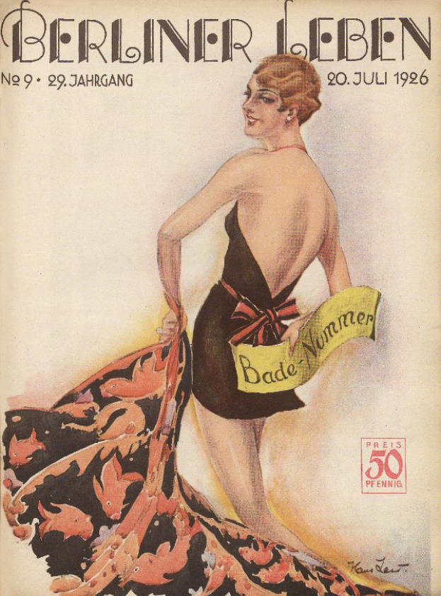 Eine Frau in einem Badeanzug steht auf dem Cover der Berliner Leben Zeitschrift vom Juni 1926, mit einem Tuch in der Hand, und der Zeitschriftentitel quer darüber.