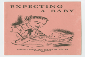 Ein Buchumschlag mit einer Zeichnung einer Frau, die ein Baby hält, und dem Titel 'Erwarten Sie ein Baby'.