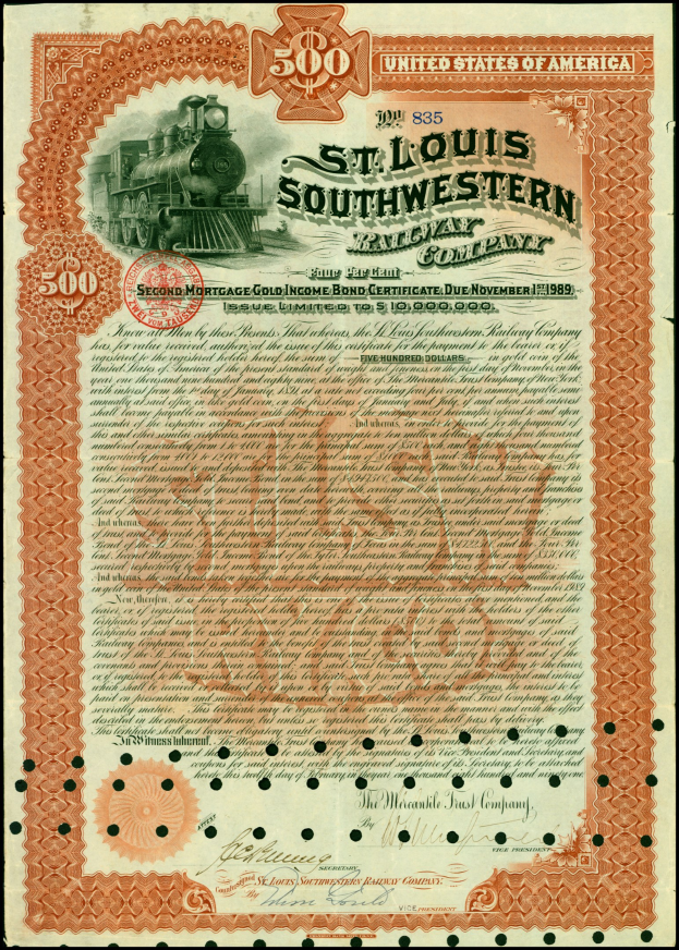 Altes Aktienzertifikat für die St. Louis Southern Railway Company mit einer Abbildung eines Zuges und gedruckten Unternehmensdetails.