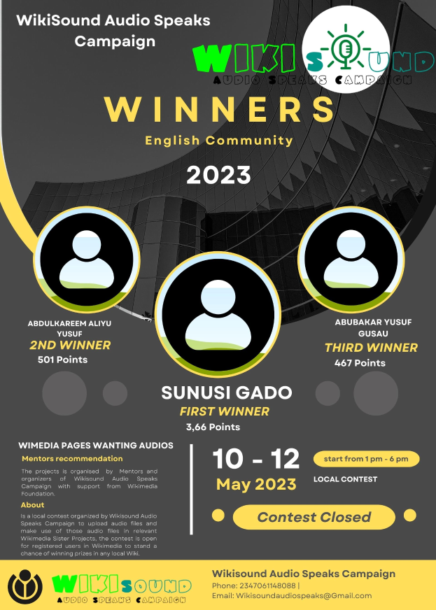 Ein buntes Plakat mit einem blauen Hintergrund und gelben und weißen Buchstaben, die in fetter Schrift "Gewinner" bilden, mit mehreren lachenden Menschen in der Mitte.