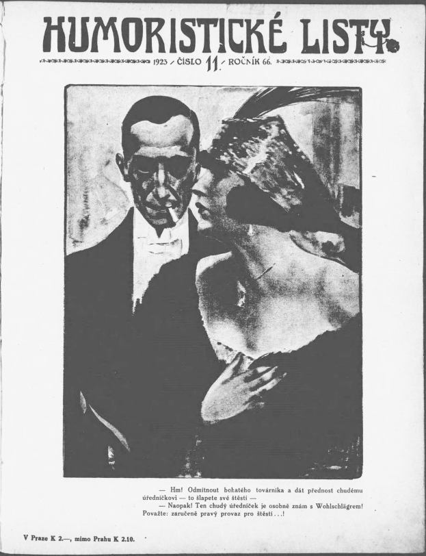 Schwarze und weiße Zeitschriftentitel 'Humoristische Liste' mit einem Mann im Anzug mit ernstem Gesichtsausdruck und einer Frau, die verschmitzt in die andere Richtung schaut.