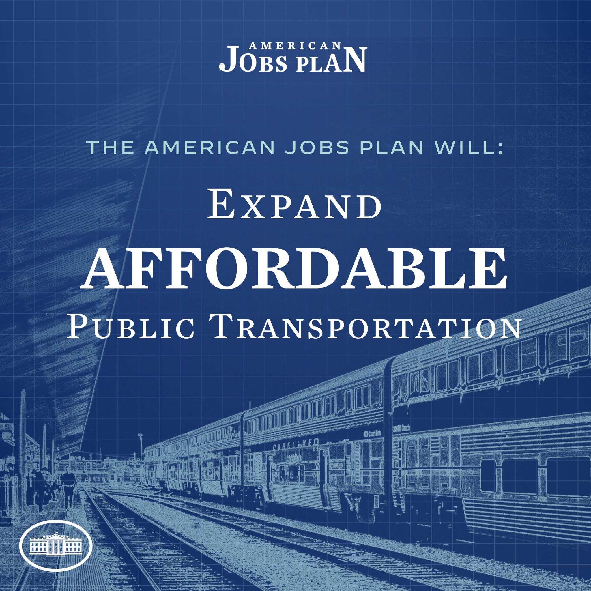 Plakat, das eine Bahn auf einer Eisenbahnschiene mit mehreren Menschen in der Nähe und dem Text "The American Jobs Plan Will Expand Affordable Public Transportation" zeigt.
