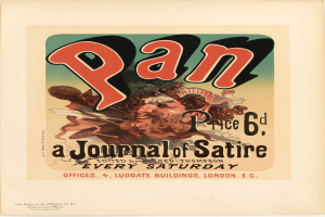 Ein Plakat mit einem Porträtfoto einer Person mit kurzen, dunklen Haaren in einem weißen Hemd mit ernstem Gesichtsausdruck und der schwarzen, fetten Schrift "Pan: Eine Satirezeitschrift".