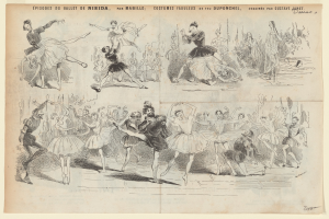 Ein Buchseite mit einer lebendigen Zeichnung von Menschen, die im Einklang tanzen, begleitet von Text, der das Datum, die Uhrzeit und den Ort des Ereignisses angibt.