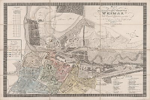 Detailiertes altes Stadtplan von Weimar, Deutschland, das Straßen, Gebäude und Sehenswürdigkeiten mit begleitendem Text über die Bevölkerung und bemerkenswerte Merkmale zeigt.