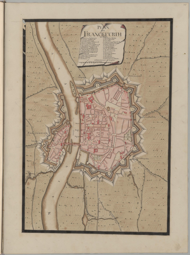 Altes Buch zeigt detaillierte Karte von Frankfurt, Deutschland, mit sichtbaren Straßennamen, Gebäuden und Sehenswürdigkeiten.