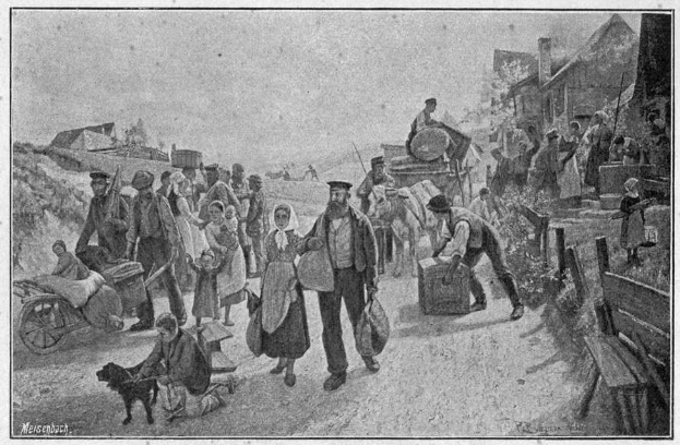 Eine Gruppe von Menschen, einige mit Taschen, geht einen Schotterweg mit einem Hund und einem von Pferden gezogenen Wagen entlang, mit Häusern und einem klaren Himmel im Hintergrund; Text unten lautet "Deutsche Flüchtlinge in Deutschland".