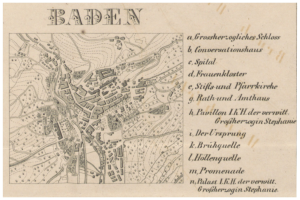 Ein detailliertes altes Stadtplan von Baden, Deutschland, das Straßen, Gebäude und Sehenswürdigkeiten mit Textanmerkungen zeigt.