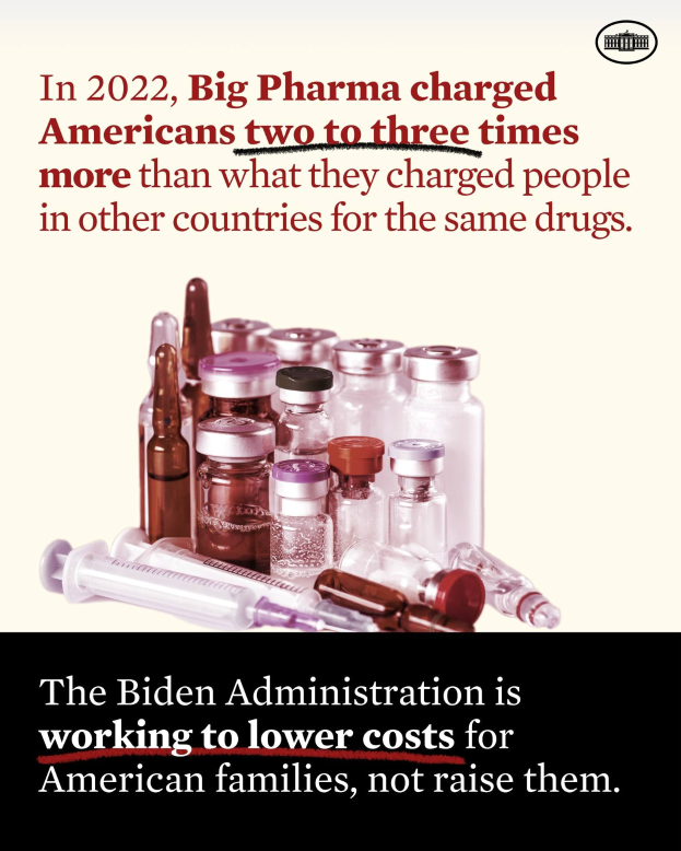 Plakat zeigt, dass Big Pharma 2022 Amerikaner zwei bis drei Mal so viel für dieselben Medikamente berechnet hat wie in anderen Ländern, mit Bildern von Medikamentenflaschen und einer Spritze.