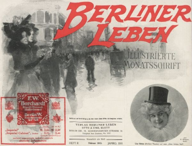 Plakat für das Berliner Leben Theater mit einer Frau in einem Zylinder und einem Mann in einem Anzug, Text, einem Stempel, Menschen und Gebäuden im Hintergrund.