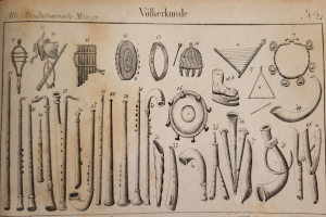 Ein Buchumschlag mit symmetrischer Anordnung von illustrierten Musikinstrumenten und schwachem Text.
