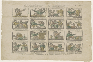 Eine Buchseite mit einer Zeichnung eines verzweifelten Mannes mit Hut und Frau in Kleid, umgeben von Text und anderen Bildern.