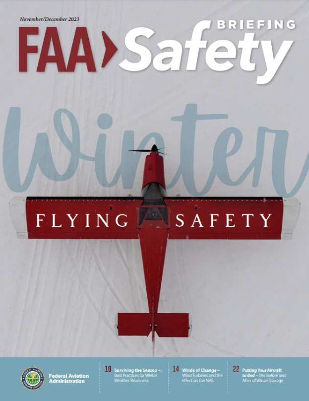 Titelbild der November/Dezember-Ausgabe 2020 von FAA Safety Briefing, mit einem Flugzeug in der Mitte und Text drumherum.