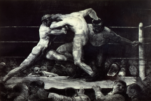 Zwei Boxer tauschen im Ring Faustschläge aus, während eine jubelnde Menge zusieht.