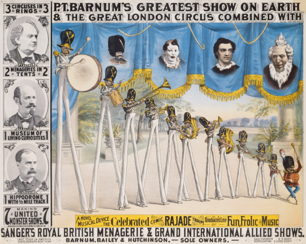 Plakat für den Großen Londoner Zirkus, das Künstler mit Musikinstrumenten vor einem Hintergrund aus Bäumen und Himmel zeigt, mit Text.
