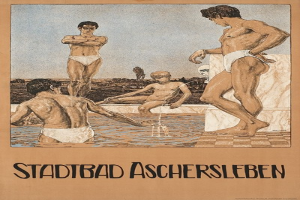 Plakat für ein Schwimmbad in Aschersleben, Deutschland, das Menschen im Wasser und Text über seine Annehmlichkeiten zeigt.