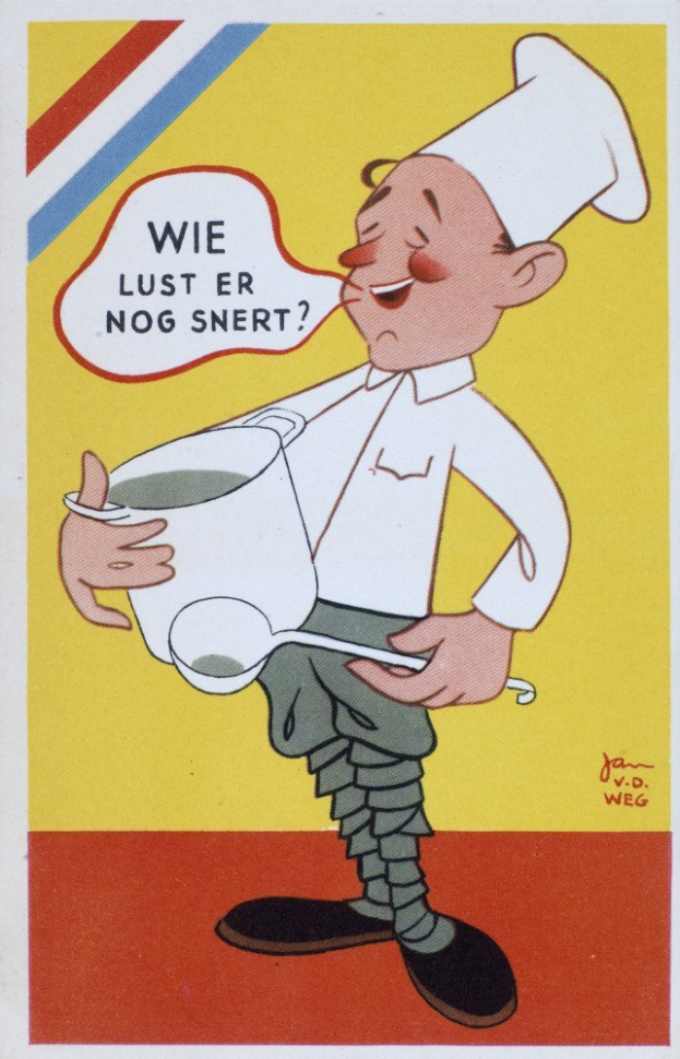 Ein Cartoon-Koch in weißer Uniform und Hut, der fröhlich eine Schüssel und einen Löffel hält, in einer Küche mit Herd und Spüle.