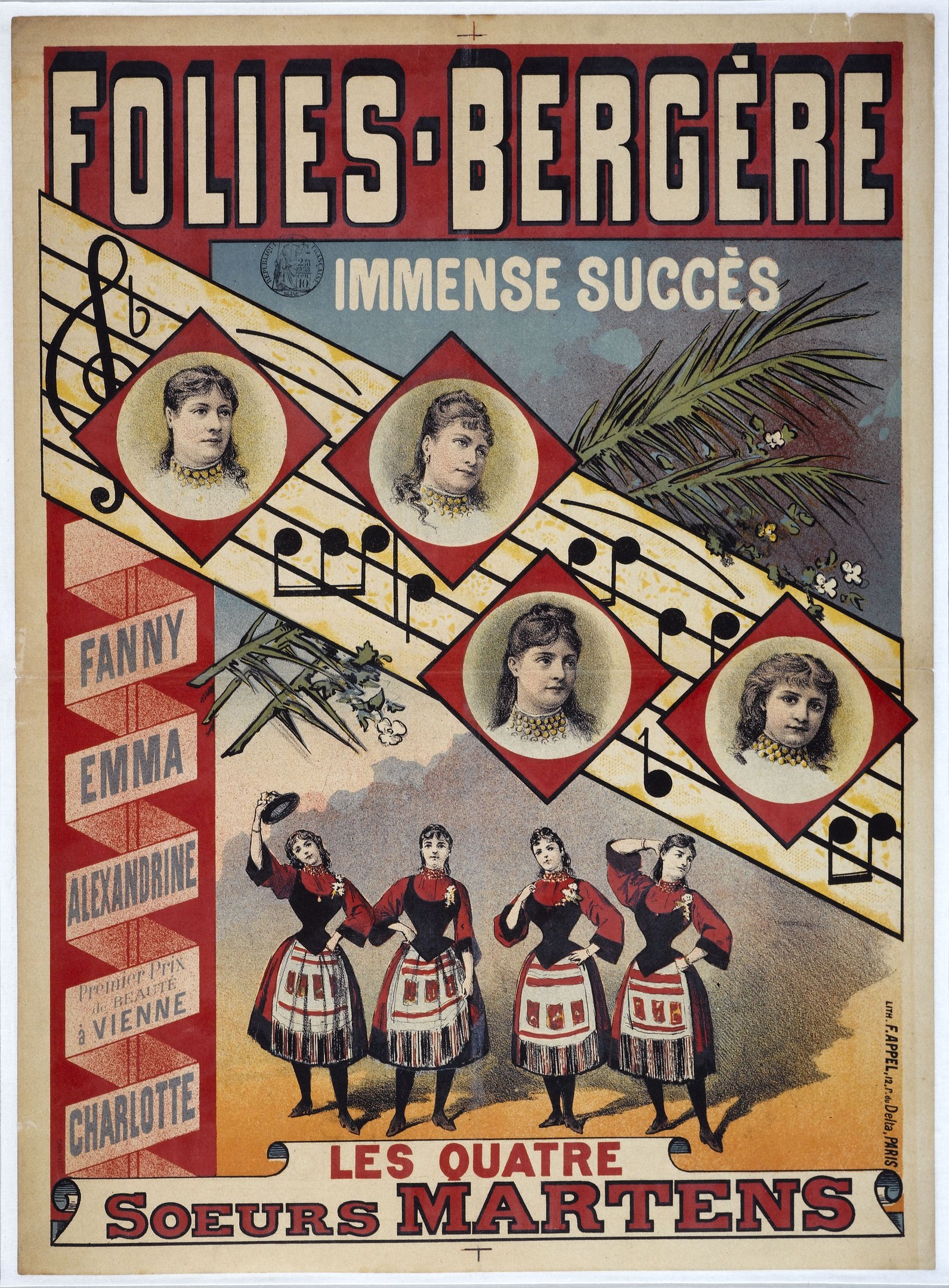 Plakat für die Folies-Bergère und das Immense Succès-Konzert mit leuchtenden Farben, detaillierten Designs und Bildern von verschiedenen Menschen, die ein lebhaftes Ereignis in fetter Schrift ankündigen.