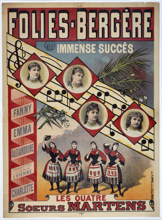Plakat für die Folies-Bergère und das Immense Succès-Konzert mit leuchtenden Farben, detaillierten Designs und Bildern von verschiedenen Menschen, die ein lebhaftes Ereignis in fetter Schrift ankündigen.