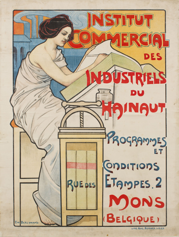 Plakat für das Institut Commercial des Industriels du Hainaut, das eine sitzende Frau an einem Tisch mit einem Buch zeigt, mit Textangaben zum Institut.