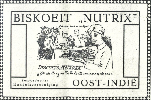 Eine alte Werbung für Biskoeit Nutrix mit einer Abbildung eines Mannes, der ein Tablett mit Essen präsentiert, begleitet von beschreibendem Text über die Produkte des Unternehmens.