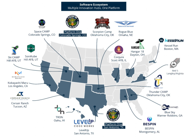 Eine Karte der Vereinigten Staaten mit Logos von Unternehmen und Texten, die die Standorte von Software-Ökosystem-Geschäften angeben.