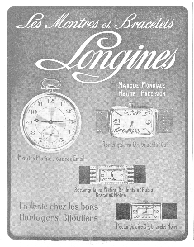 Vintages Reklameplakat für eine Longines-Uhr aus den 1920er Jahren mit gedämpften Blautönen und Grautönen, klassischer Typografie und detaillierten Abbildungen der Uhren.