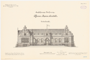 Eine Zeichnung des Hauptsaals des Deutschen Bundestages in Berlin mit einer Flagge darauf, begleitet von Text.