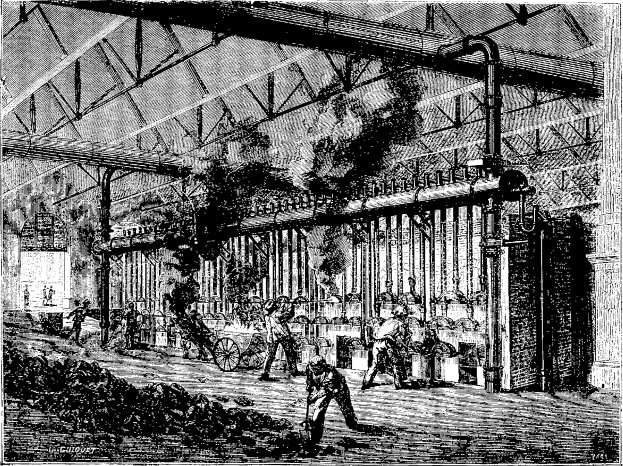 Schwarz-weiß-Zeichnung eines geschäftigen Stahlwerks aus den 1910er Jahren mit Arbeitern, Maschinen und Industrieausrüstung.