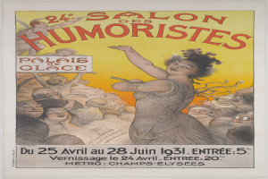 Plakat für den Salon des Humoristes in Paris mit einer Frau, die von einer Menge umgeben ist und Text, der das Ereignis beschreibt.